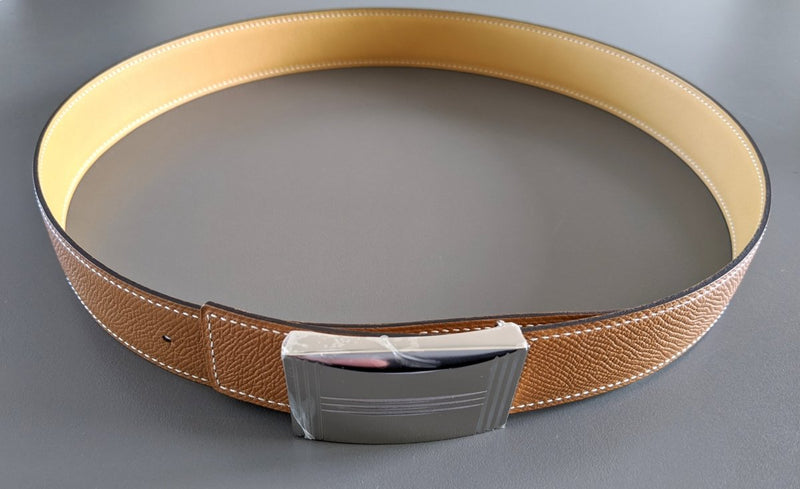 Hermes [107] 1960s Gold Epsom/Safran Swift Reversible Leather Strap Belt 32 MM Sz 80, NIB! - poupishop