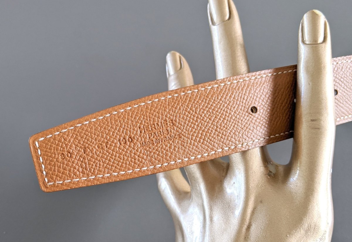 Hermes [107] 1960s Gold Epsom/Safran Swift Reversible Leather Strap Belt 32 MM Sz 80, NIB! - poupishop