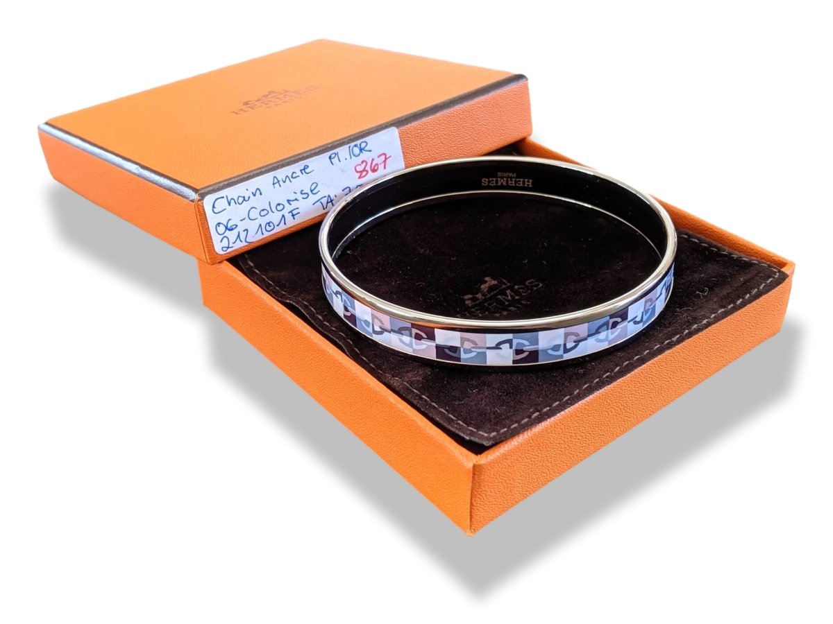 Hermes [107] Pastel Enamel OPTIQUE CHAINE D'ANCRE PHW Narrow Bangle Bracelet Sz 070, BNIB! - poupishop