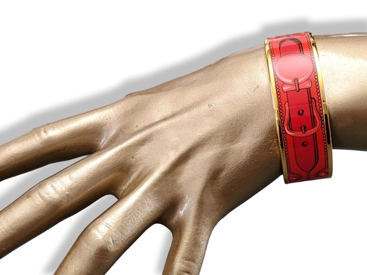 Hermes [109] 32 - Mono Rouge Enamel COLLIERS DE CHIEN GHW Wide Bangle Bracelet Sz65, BNIB! - poupishop