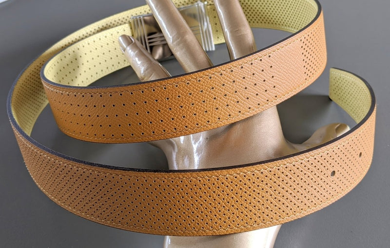 Hermes [110] Caramel/Poussin Perforated Epsom KADENCE Reversible Leather Strap Belt 32 MM Sz 100, NIB! - poupishop