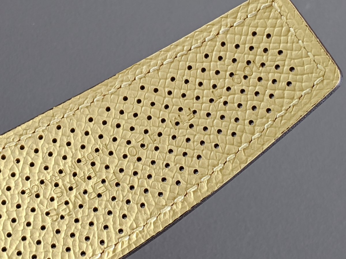 Hermes [110] Caramel/Poussin Perforated Epsom KADENCE Reversible Leather Strap Belt 32 MM Sz 100, NIB! - poupishop