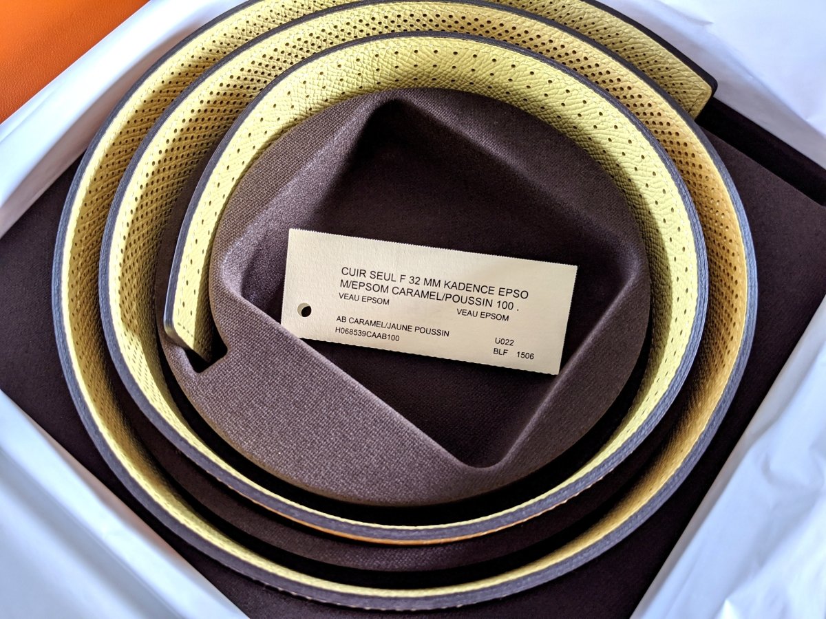 Hermes [110] Caramel/Poussin Perforated Epsom KADENCE Reversible Leather Strap Belt 32 MM Sz 100, NIB! - poupishop