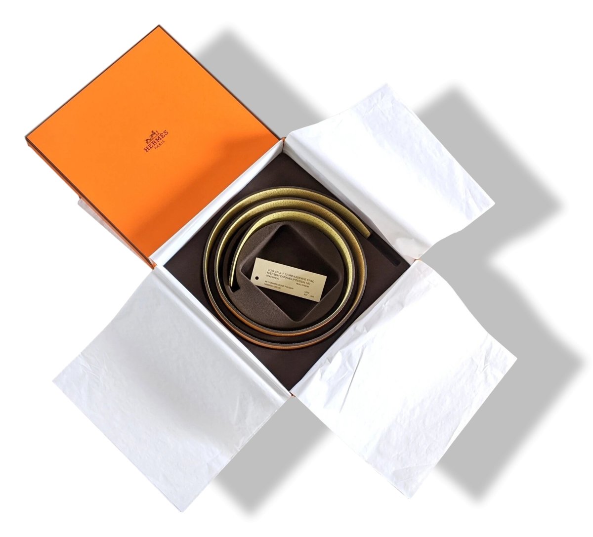 Hermes [110] Caramel/Poussin Perforated Epsom KADENCE Reversible Leather Strap Belt 32 MM Sz 100, NIB! - poupishop