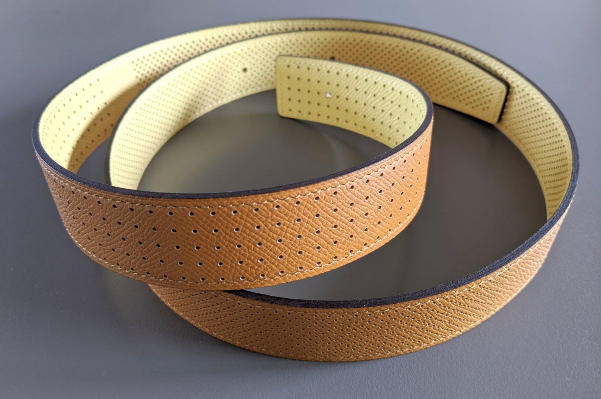 Hermes [110] Caramel/Poussin Perforated Epsom KADENCE Reversible Leather Strap Belt 32 MM Sz 100, NIB! - poupishop