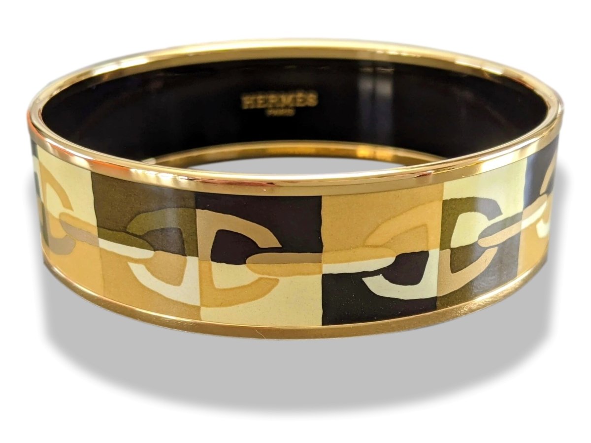 Hermes [110] Or Enamel OPTIQUE CHAINE D'ANCRE GHW Wide Bangle Bracelet Sz65, BNIB! - poupishop