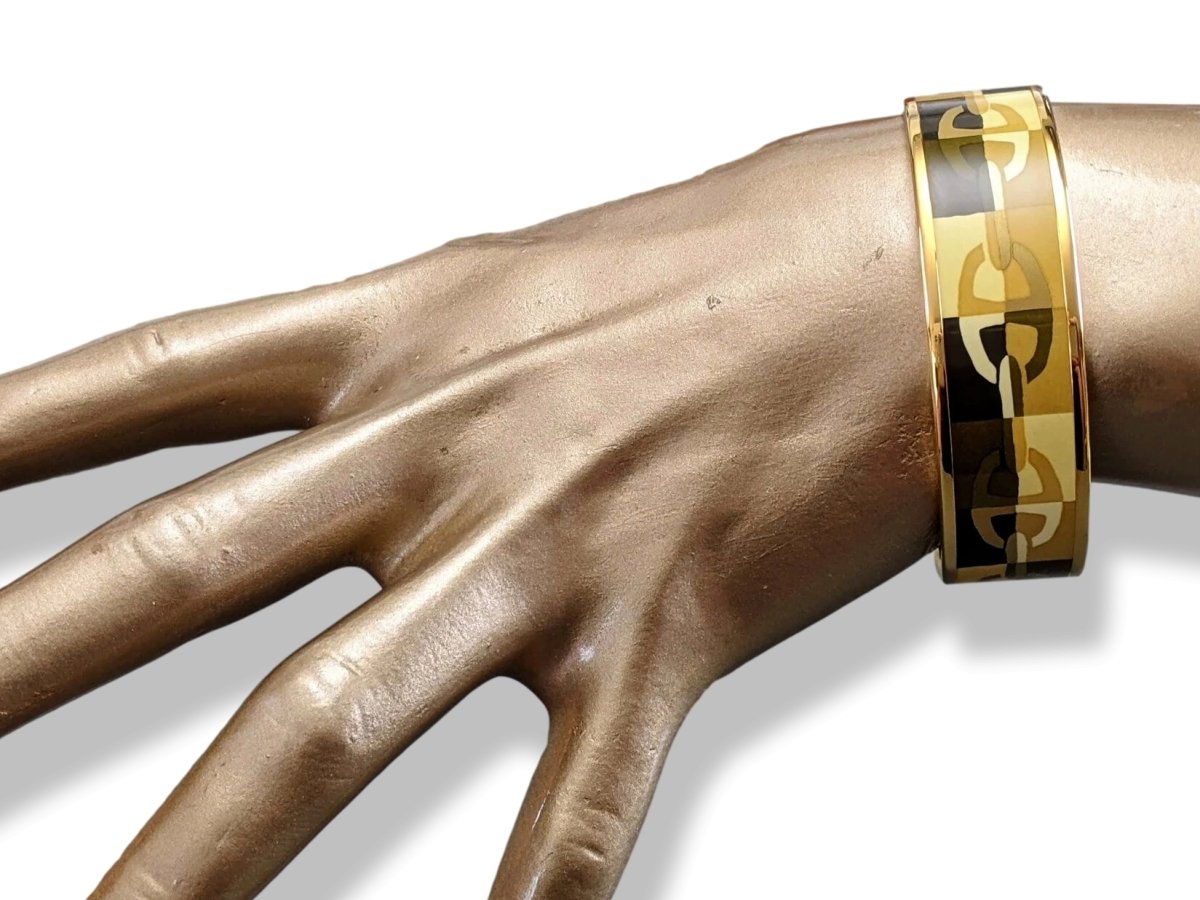 Hermes [110] Or Enamel OPTIQUE CHAINE D'ANCRE GHW Wide Bangle Bracelet Sz65, BNIB! - poupishop