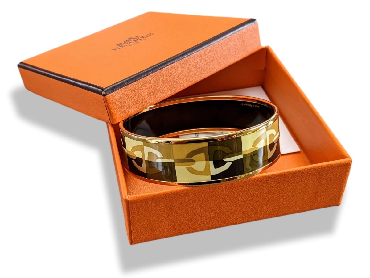 Hermes [110] Or Enamel OPTIQUE CHAINE D'ANCRE GHW Wide Bangle Bracelet Sz65, BNIB! - poupishop