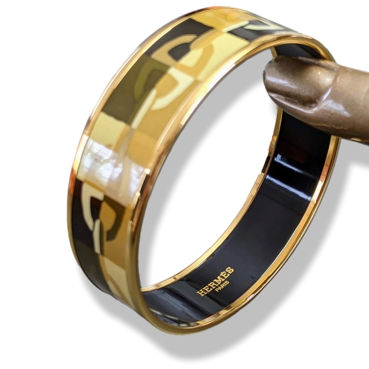 Hermes [110] Or Enamel OPTIQUE CHAINE D'ANCRE GHW Wide Bangle Bracelet Sz65, BNIB! - poupishop