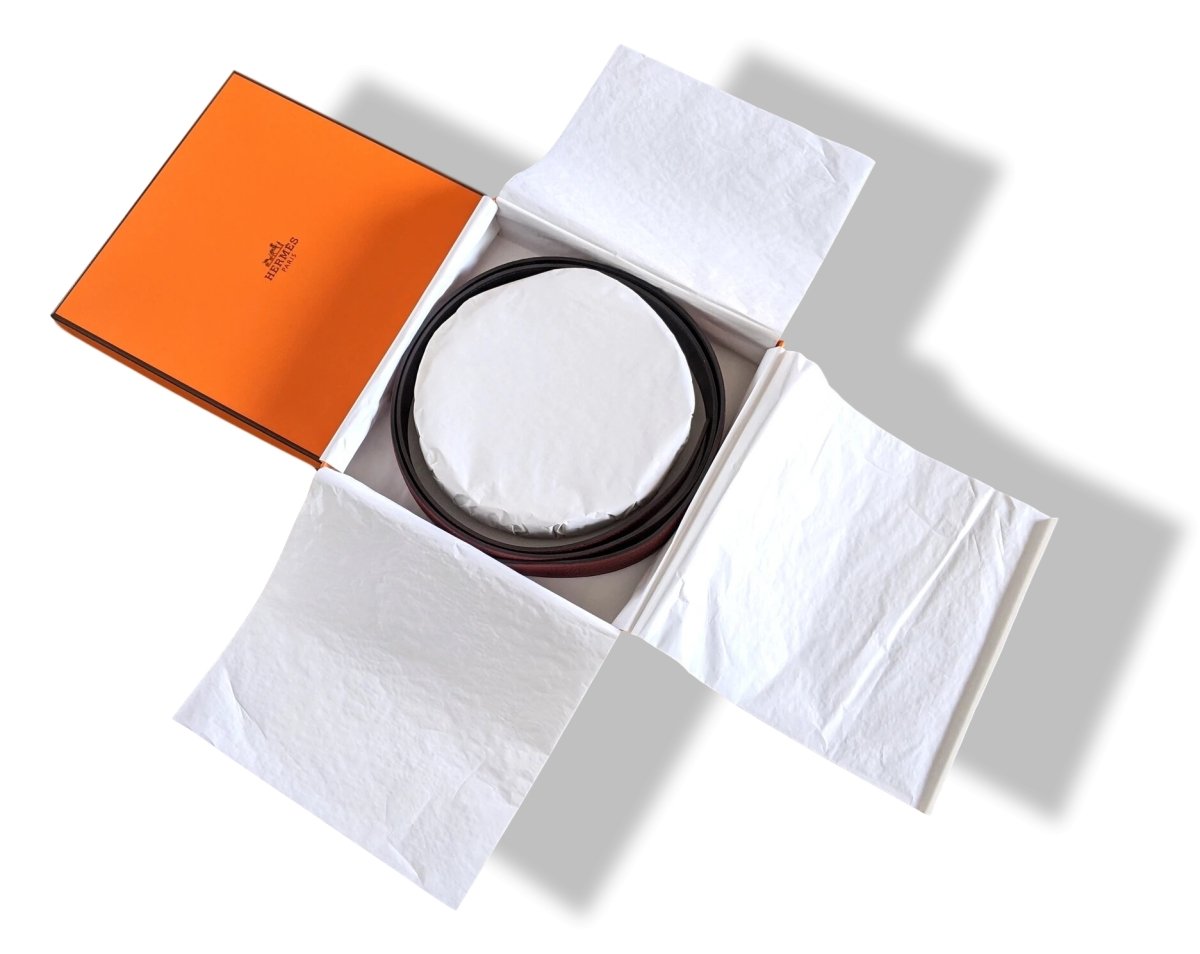 Hermes [111] 1960s Burgundy/Black Vache/Vache Liegee Reversible Leather Strap Belt 32 MM Sz110, NIB! - poupishop