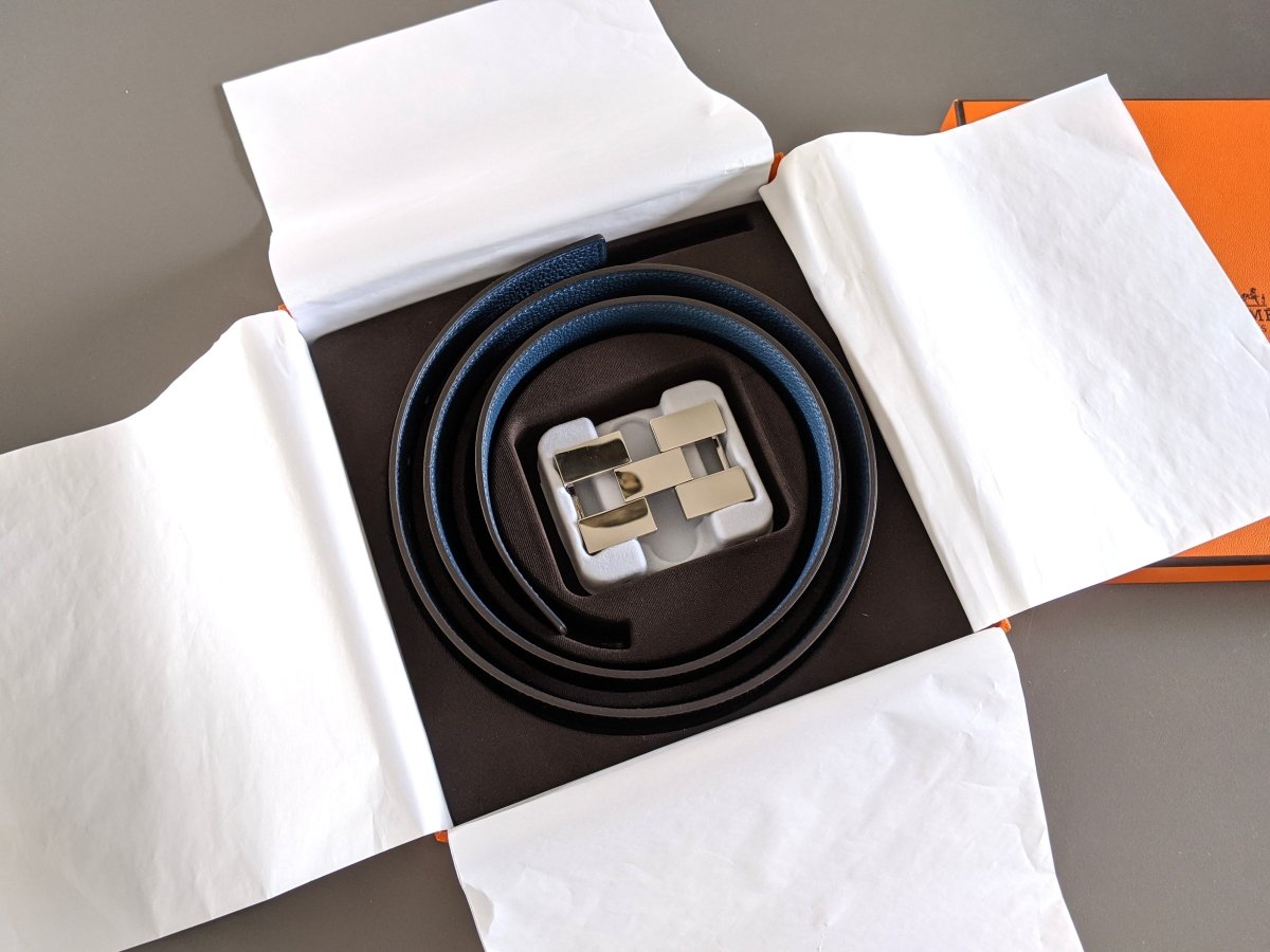 Hermes [113] Black/Bleu de Prusse Togo/Box Reversible Belt Strap 32 mm, BNIB! - poupishop