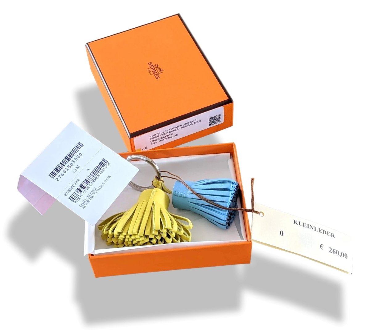 Hermes [114] Lime/Celeste Milo Lambskin PORTE-CLES CARMEN DUO Key Ring Bag Charm, BNIB! - poupishop