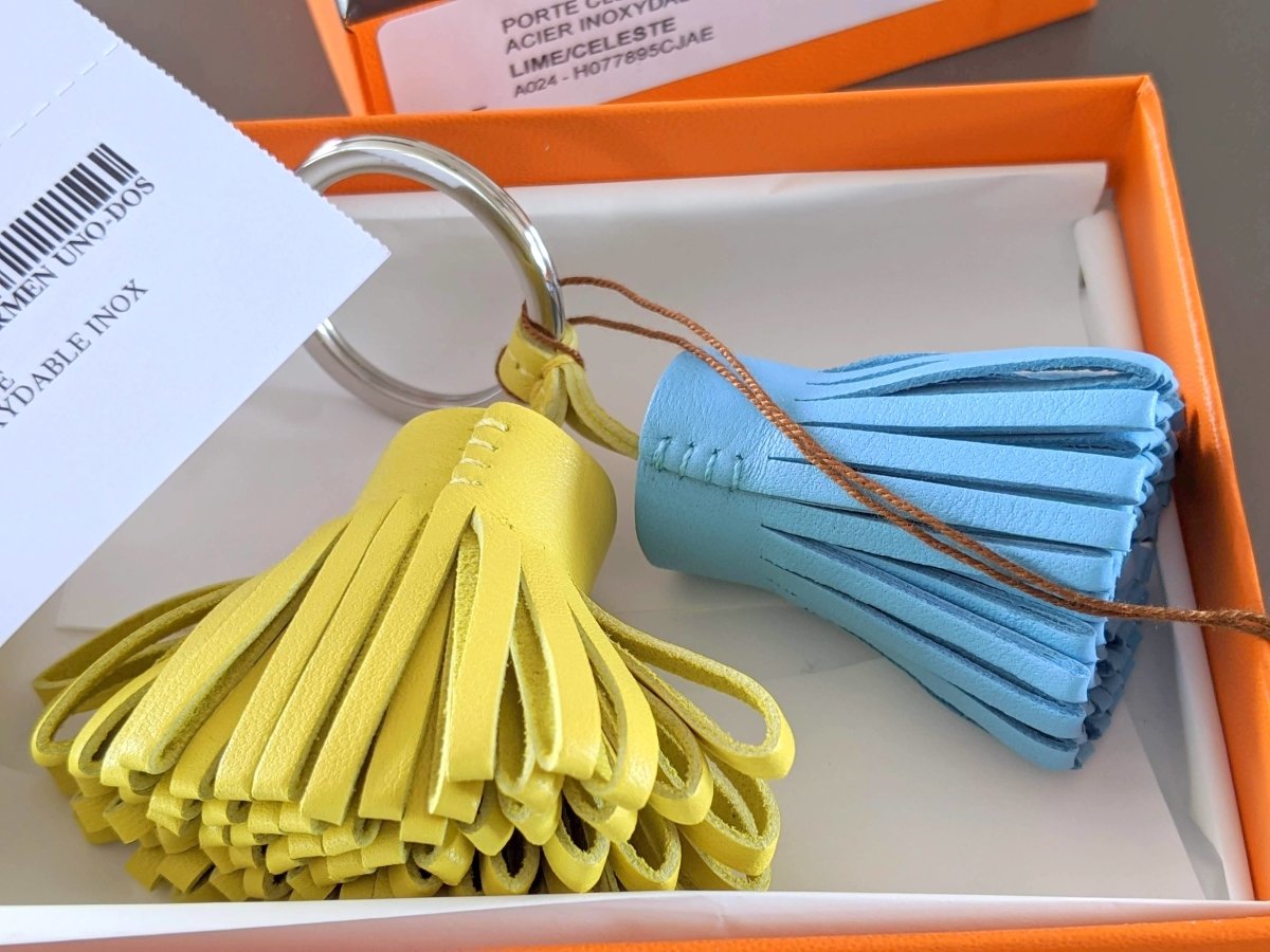 Hermes [114] Lime/Celeste Milo Lambskin PORTE-CLES CARMEN DUO Key Ring Bag Charm, BNIB! - poupishop