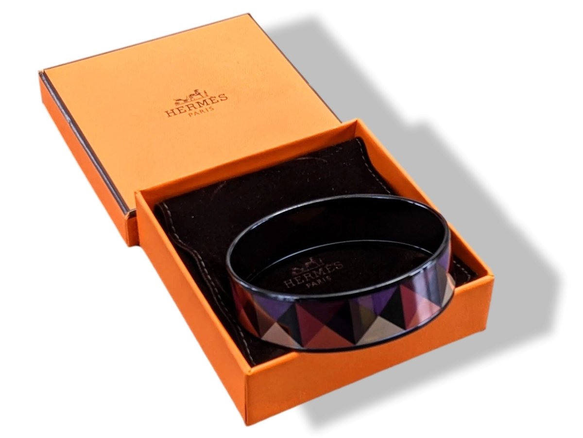 Hermes [117] 09-Surteint Enamel CLOUS EN TROMPE L'OEIL PVD Wide Bangle Bracelet Sz 070, BNIB! - poupishop