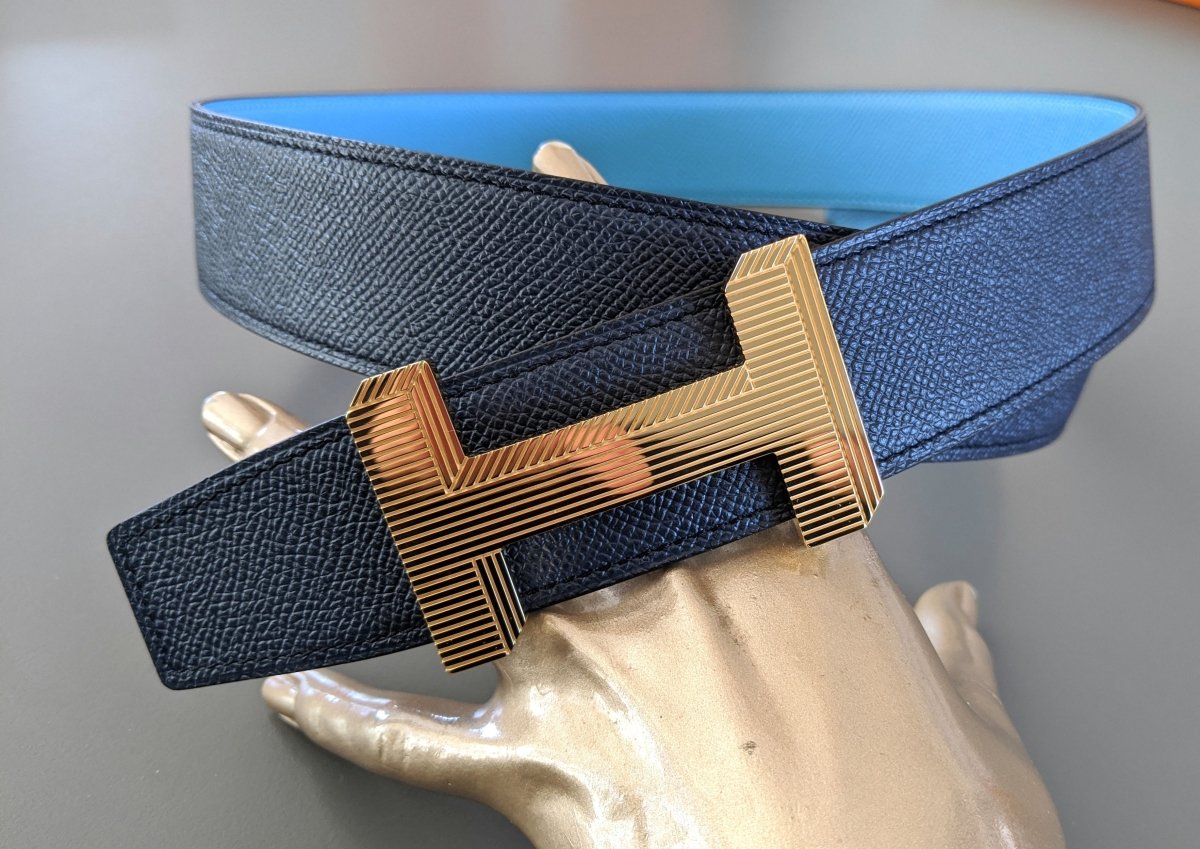 Hermes [118] Bleu Indigo/Bleu du Nord Epsom/Epsom Reversible Leather Belt Strap 38 MM, BNWTIB! - poupishop