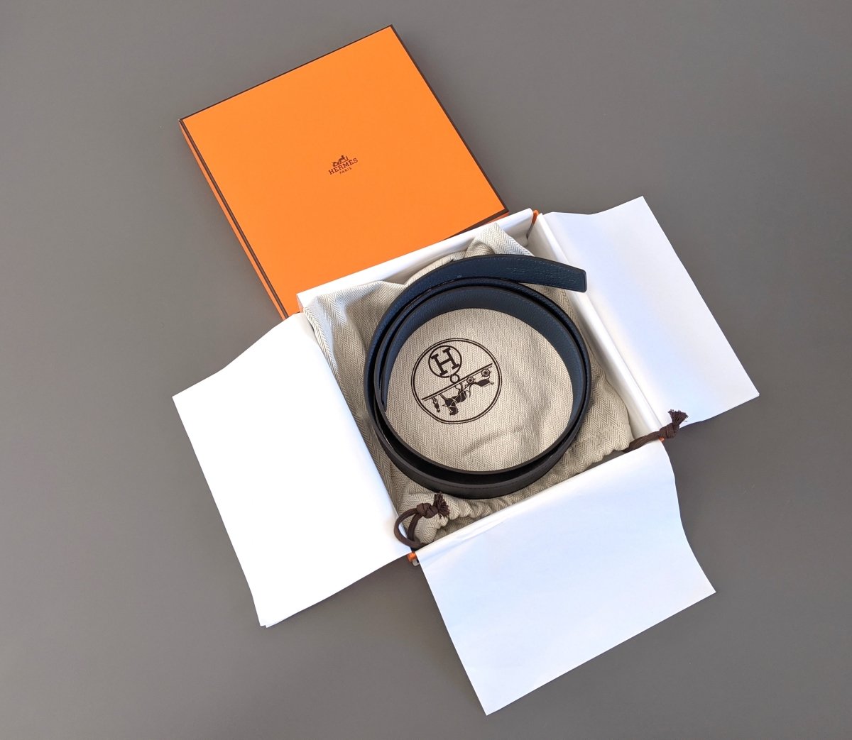 Hermes [119] Black/Bleu de Prusse Chamonix/Togo Reversible Leather Belt Strap 38 MM, BNWTIB! - poupishop
