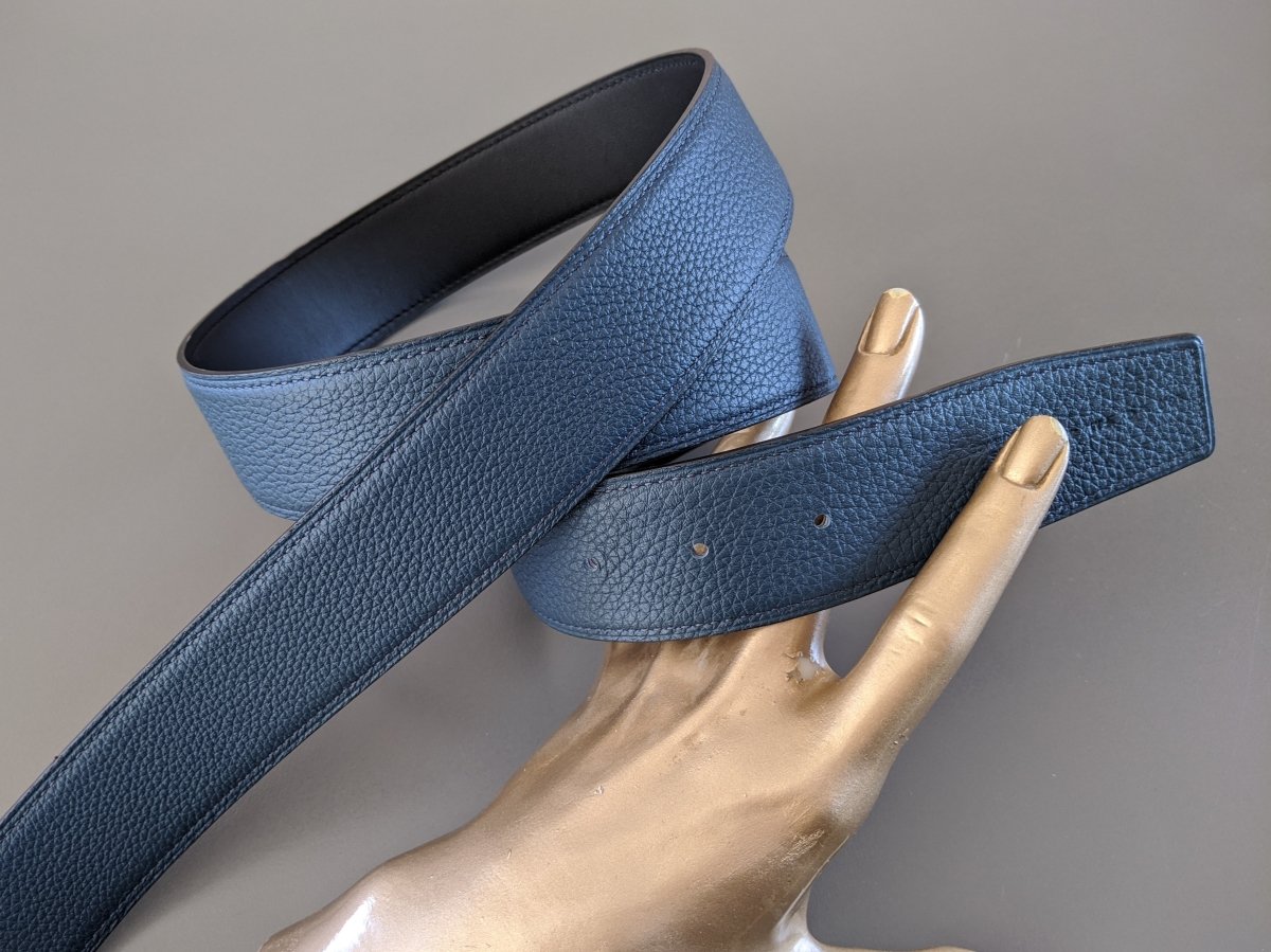 Hermes [119] Black/Bleu de Prusse Chamonix/Togo Reversible Leather Belt Strap 38 MM, BNWTIB! - poupishop
