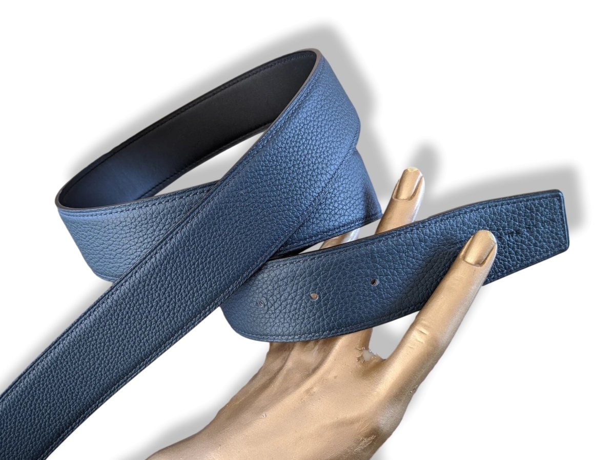 Hermes [119] Noir/Bleu de Prusse Chamonix/Togo Reversible Leather Belt Strap 38 MM, BNWTIB! - poupishop