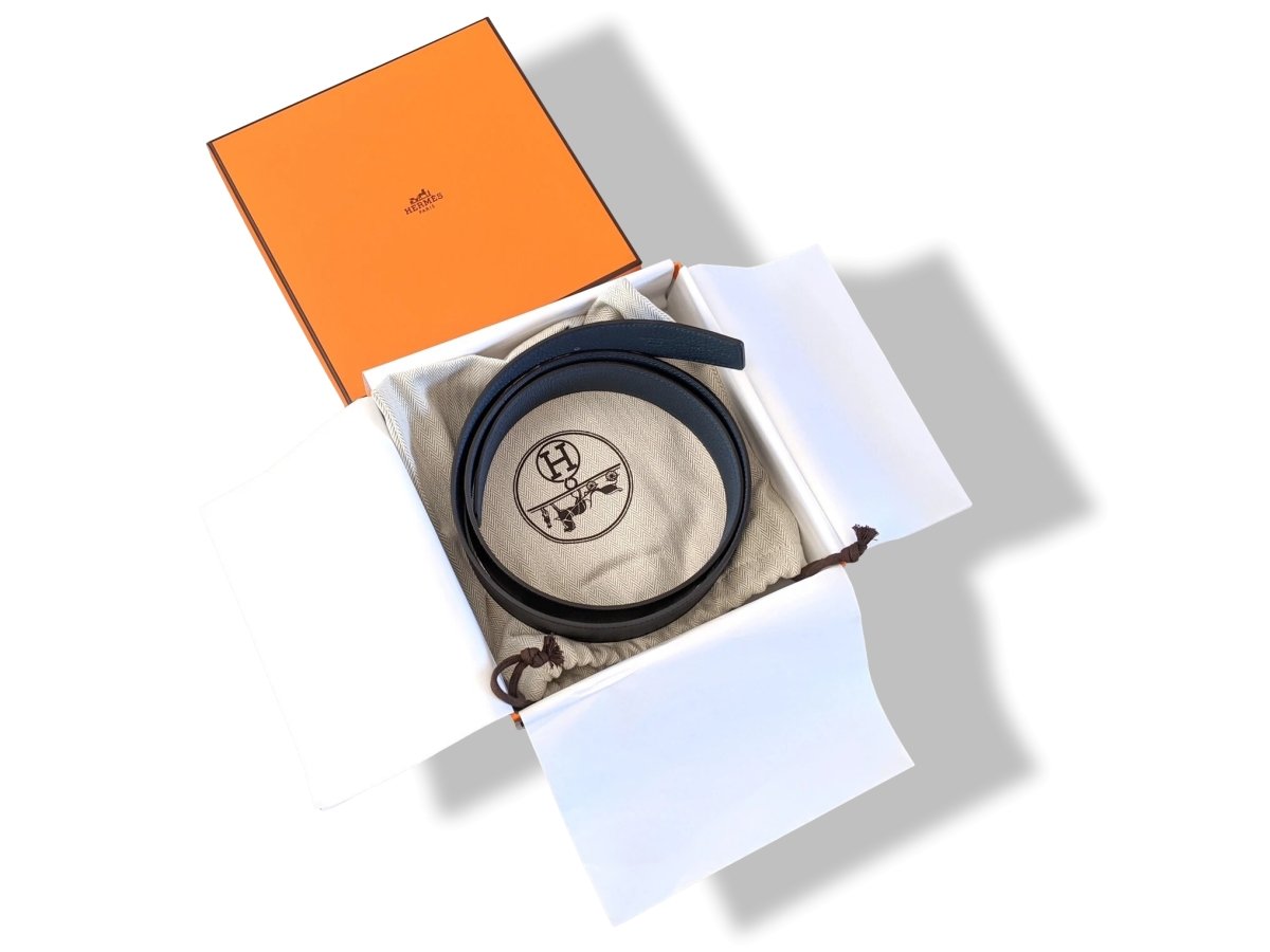 Hermes [119] Noir/Bleu de Prusse Chamonix/Togo Reversible Leather Belt Strap 38 MM, BNWTIB! - poupishop