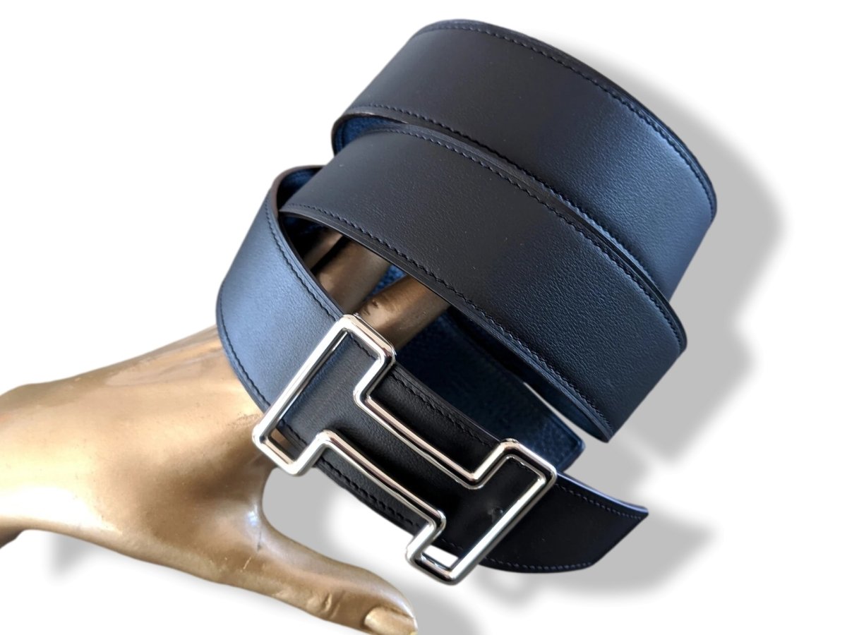 Hermes [119] Noir/Bleu de Prusse Chamonix/Togo Reversible Leather Belt Strap 38 MM, BNWTIB! - poupishop