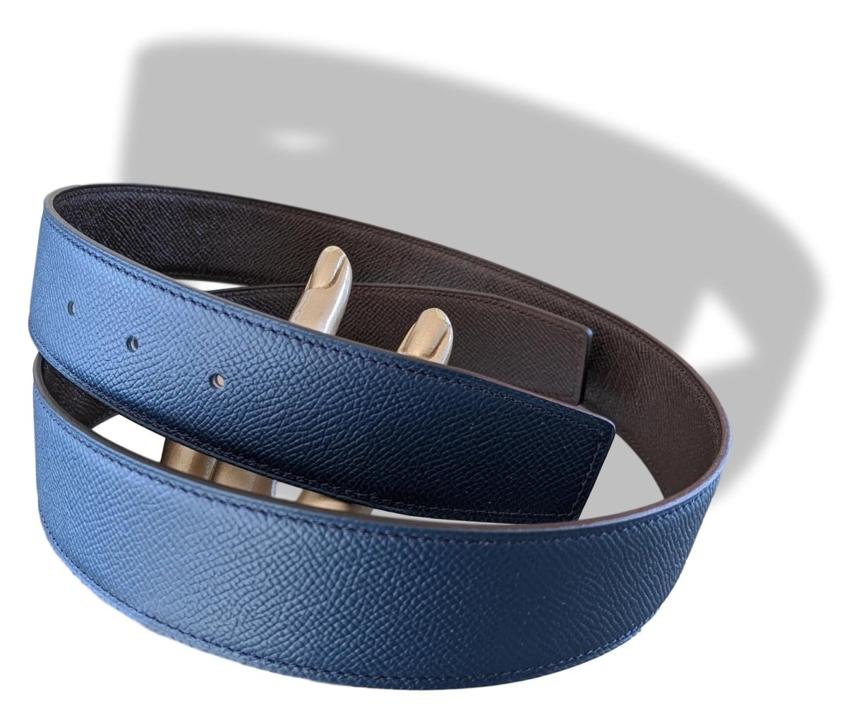 Hermes [120] Bleu de Malte/Chocolat Epsom/Epsom Reversible Leather Belt Strap 38 MM, BNWTIB! - poupishop