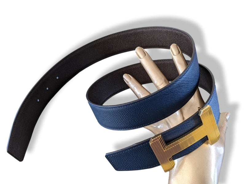 Hermes [120] Bleu de Malte/Chocolat Epsom/Epsom Reversible Leather Belt Strap 38 MM, BNWTIB! - poupishop