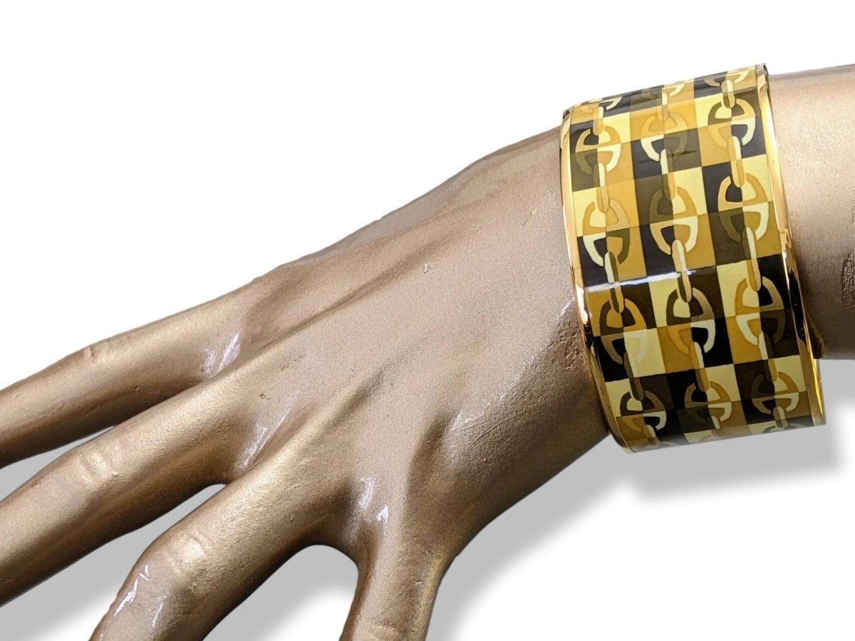 Hermes [122] Gold/Black Enamel OPTIQUE CHAINE D'ANCRE XL GHW Bangle Bracelet Sz 065, BNIB! - poupishop