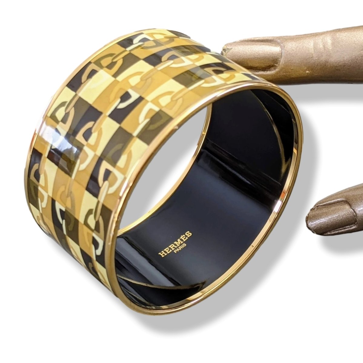 Hermes [122] Gold/Black Enamel OPTIQUE CHAINE D'ANCRE XL GHW Bangle Bracelet Sz 065, BNIB! - poupishop