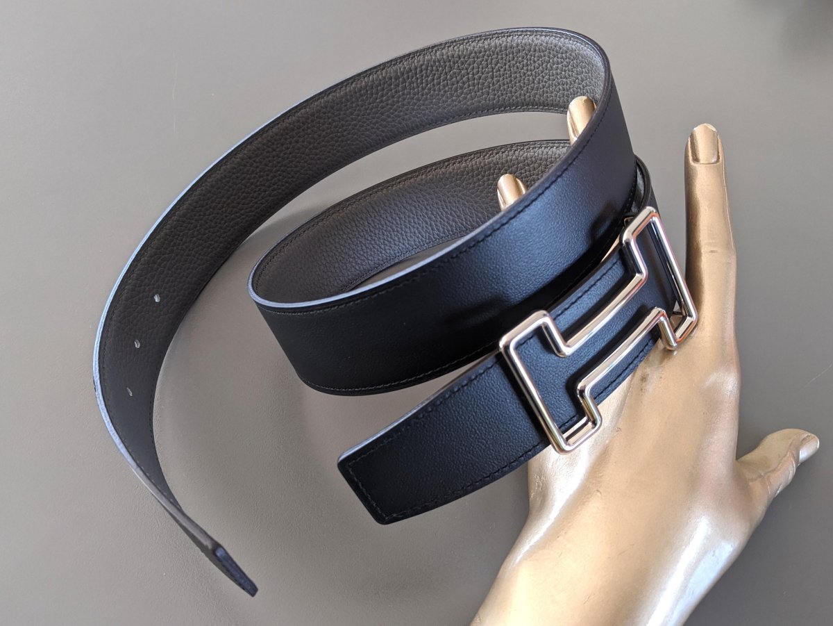 Hermes [123] Noir/Etain Chamonix/Togo Reversible Belt Strap 38 MM, BNWTIB! - poupishop