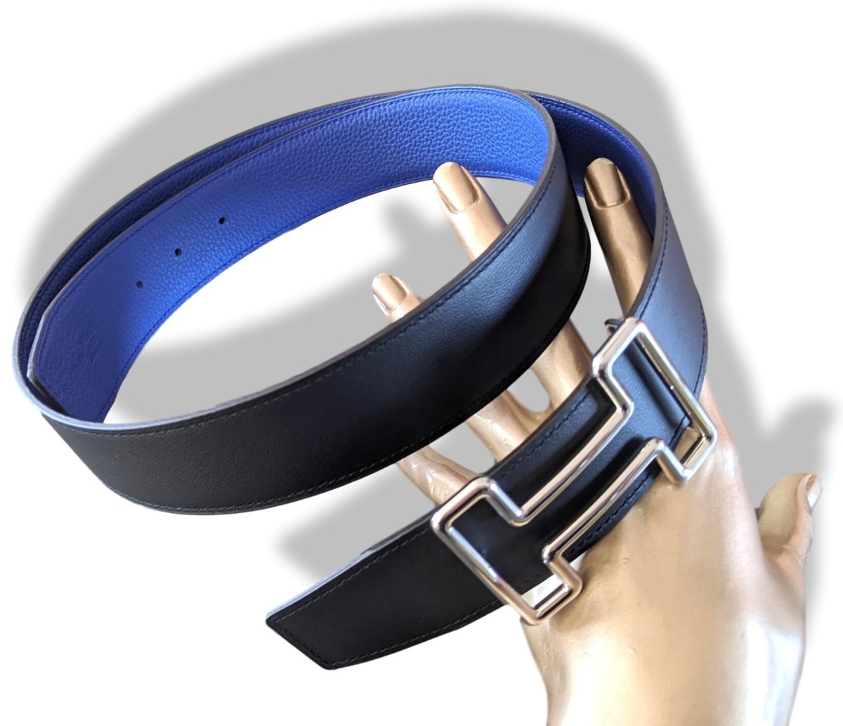 Hermes [124] Noir/Bleu Electrique Chamonix/Togo Reversible Belt Strap 38 MM, BNWTIB! - poupishop