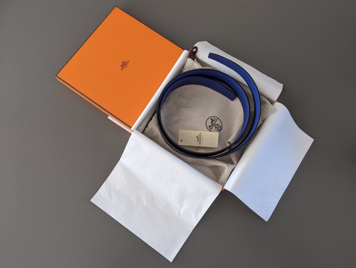 Hermes [124] Noir/Bleu Electrique Chamonix/Togo Reversible Belt Strap 38 MM, BNWTIB! - poupishop