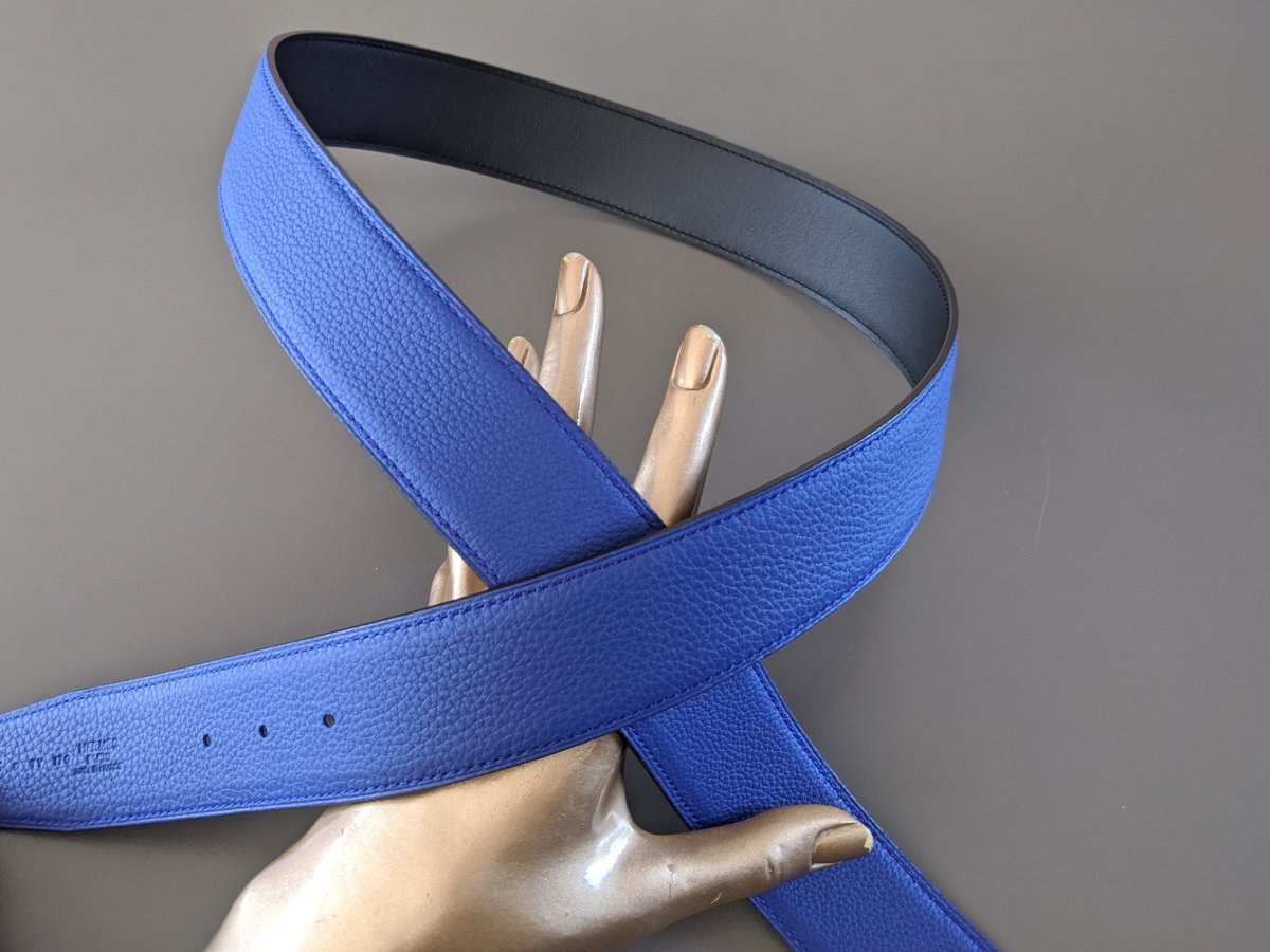 Hermes [124] Noir/Bleu Electrique Chamonix/Togo Reversible Belt Strap 38 MM, BNWTIB! - poupishop