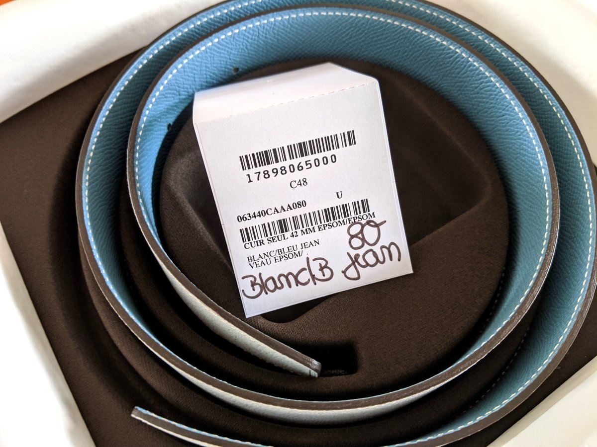 Hermes [129] White/Jeans Blue Epsom/Epsom Leather Reversible Strap Belt 42 MM Sz80, BNWTIB! - poupishop
