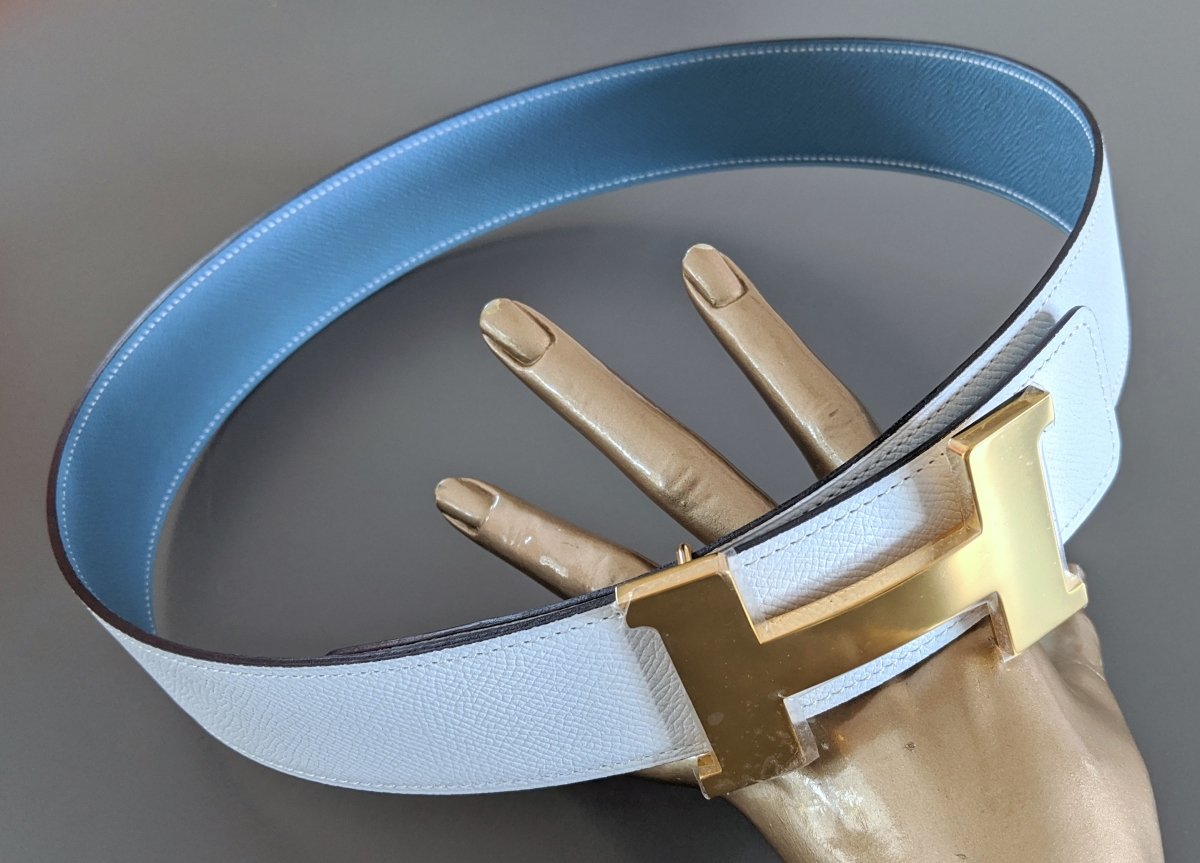 Hermes [129] White/Jeans Blue Epsom/Epsom Leather Reversible Strap Belt 42 MM Sz80, BNWTIB! - poupishop