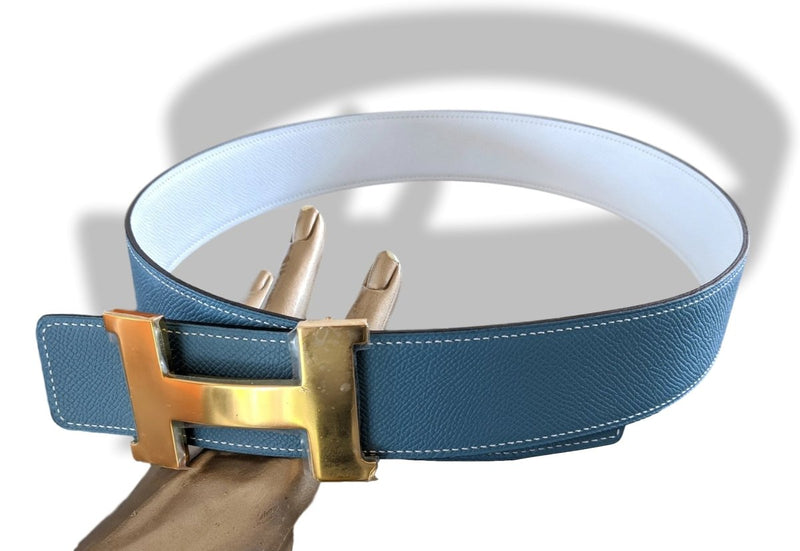Hermes [129] White/Jeans Blue Epsom/Epsom Leather Reversible Strap Belt 42 MM Sz80, BNWTIB! - poupishop