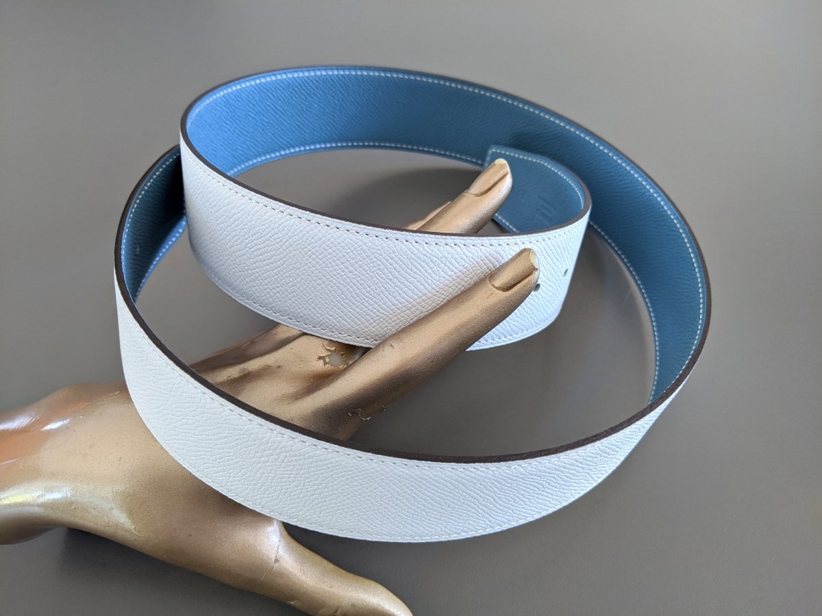 Hermes [129] White/Jeans Blue Epsom/Epsom Leather Reversible Strap Belt 42 MM Sz80, BNWTIB! - poupishop
