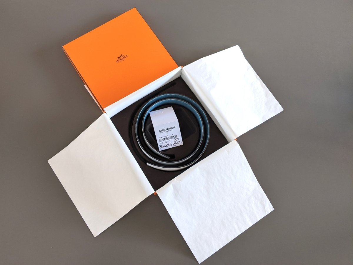 Hermes [129] White/Jeans Blue Epsom/Epsom Leather Reversible Strap Belt 42 MM Sz80, BNWTIB! - poupishop