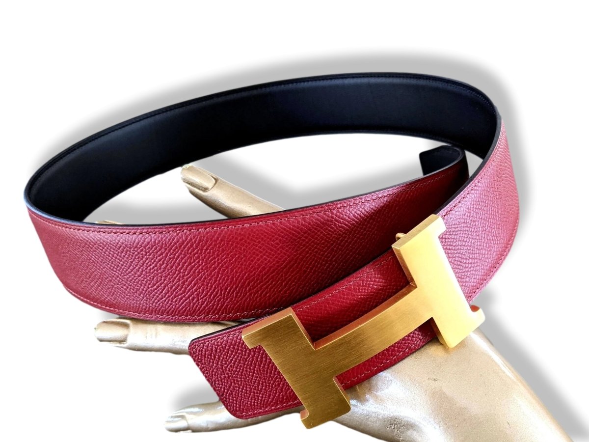 Hermes [133] Noir/Rouge Grenat Veau Chamonix & Epsom Belt Strap 42 MM, BNWTIB! - poupishop