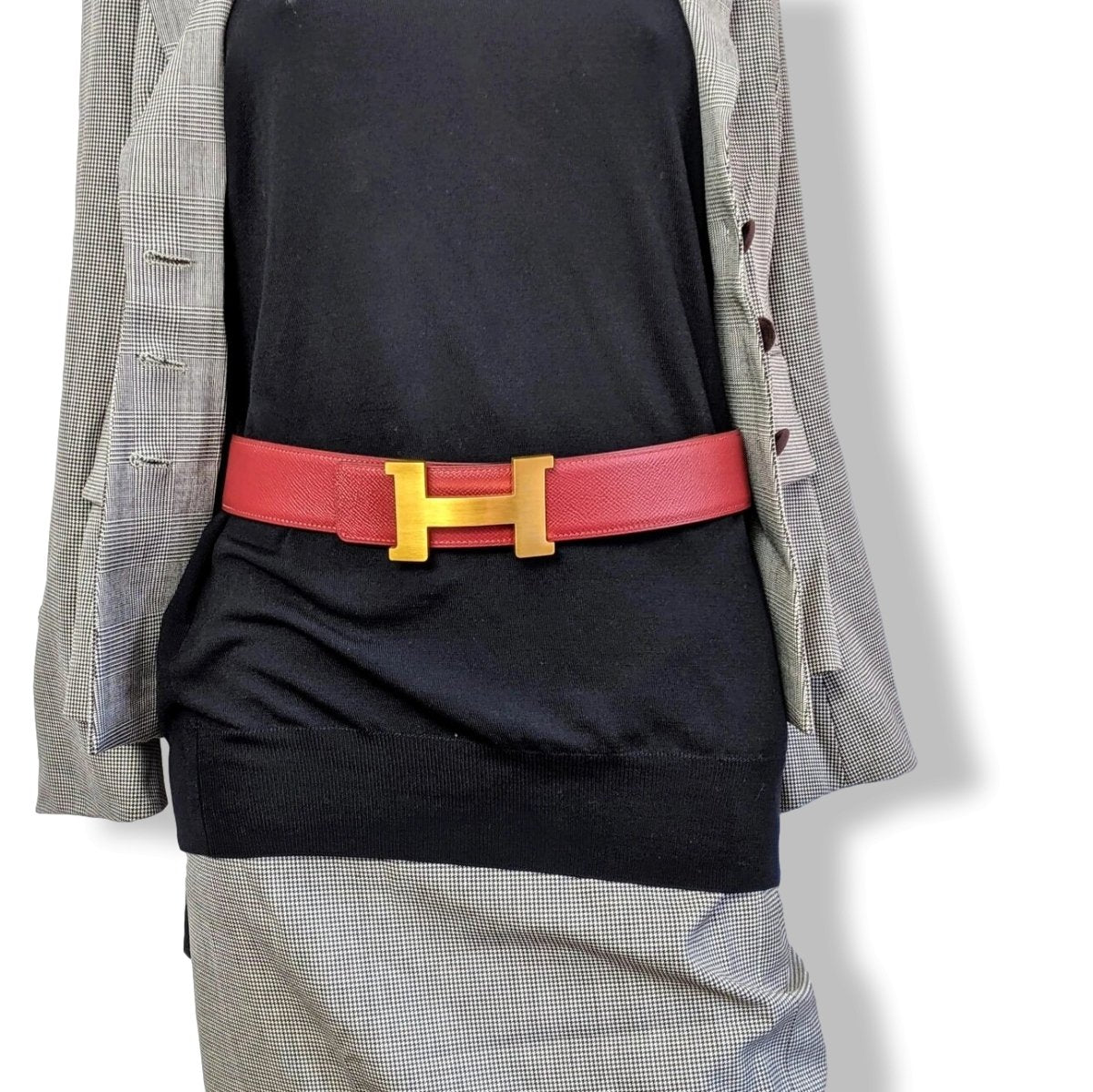 Hermes [133] Noir/Rouge Grenat Veau Chamonix & Epsom Belt Strap 42 MM, BNWTIB! - poupishop