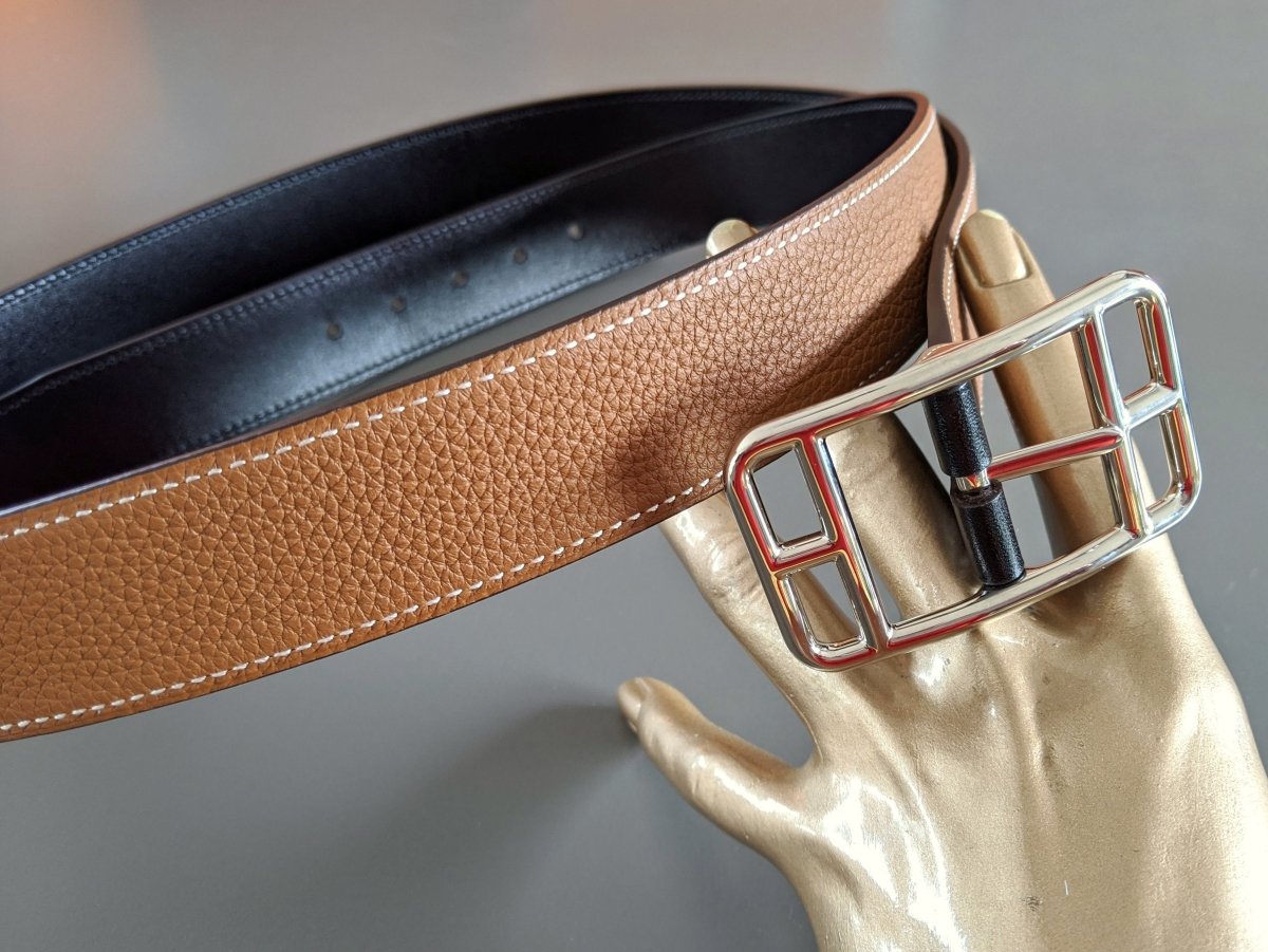 Hermes [138] Black/Gold Box Togo Palladium CAPE COD REVERSIBLE Complete Belt 32 mm, BNIB! - poupishop