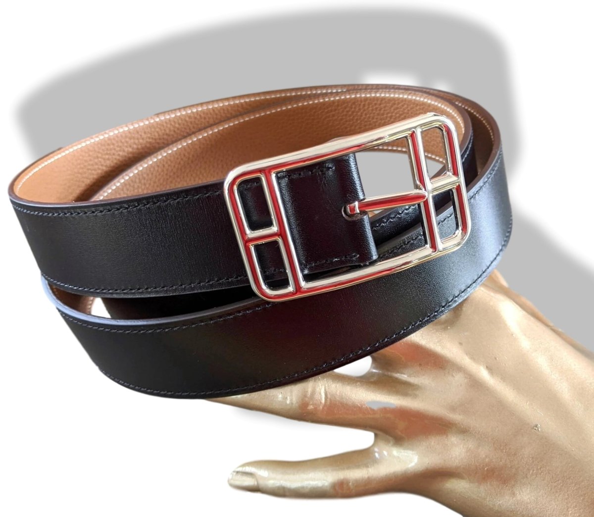 Hermes [138] Black/Gold Box Togo Palladium CAPE COD REVERSIBLE Complete Belt 32 mm, BNIB! - poupishop