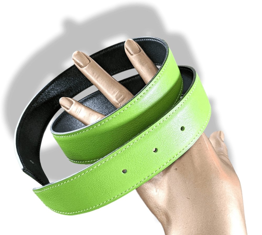 Hermes [15] 1997 Apple Green Swift/Dark Green Box Reversible Leather Strap Belt 32 MM Sz75, NIB! - poupishop