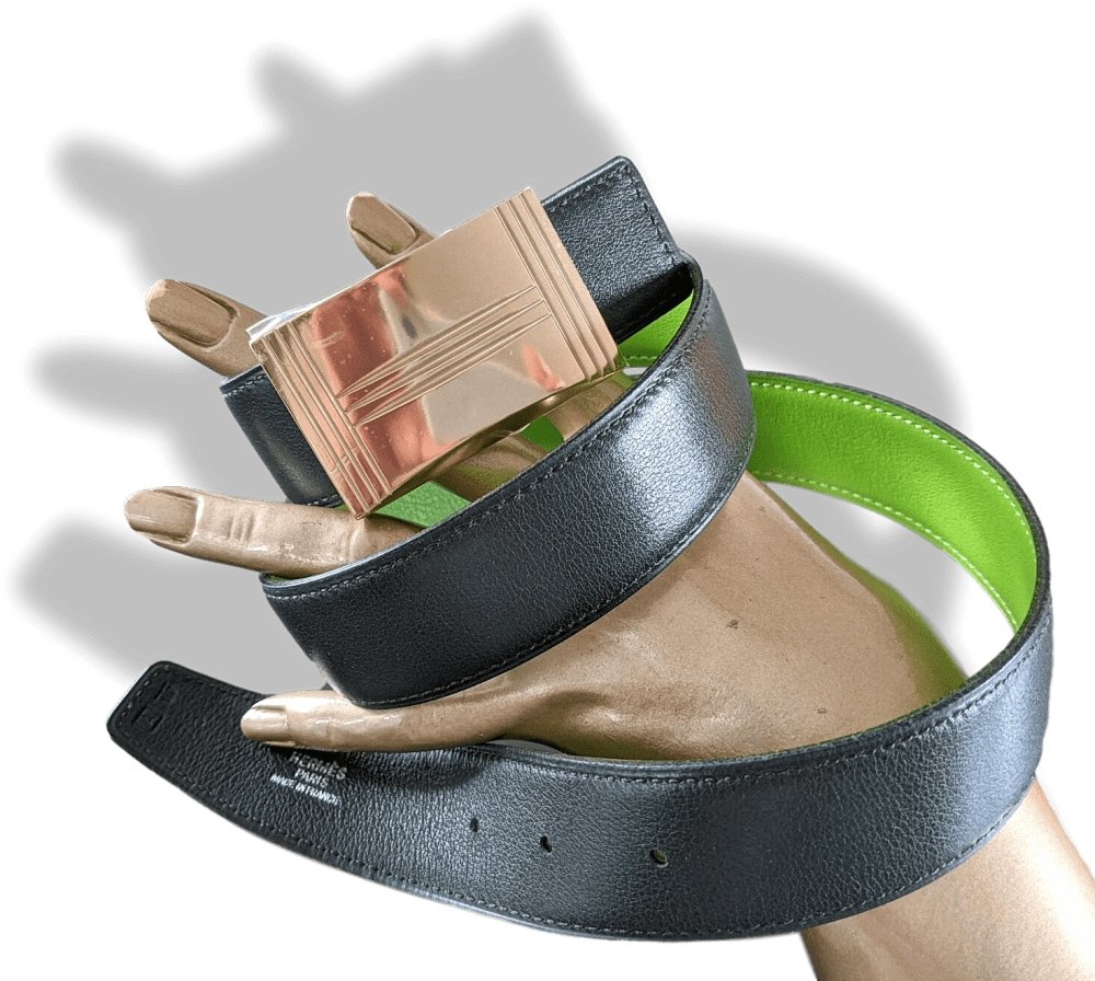 Hermes [15] 1997 Apple Green Swift/Dark Green Box Reversible Leather Strap Belt 32 MM Sz75, NIB! - poupishop