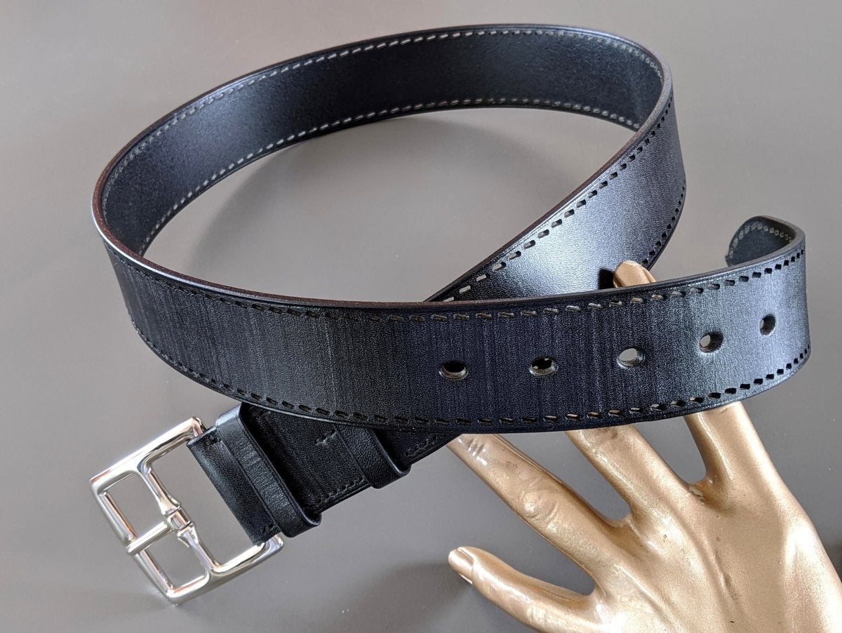 Hermes [151] 2007 Unisex Aged Black Leather Perforated Seams Cow Boy ETRIVIERE 40 Complete Belt, BNIB! - poupishop
