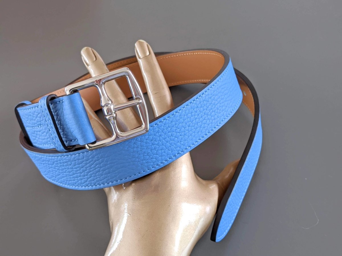 Hermes [152] Unisex Bleu Paradis Taurillon Clemence ETRIVIERE 32 Complete Belt, BNIB! - poupishop
