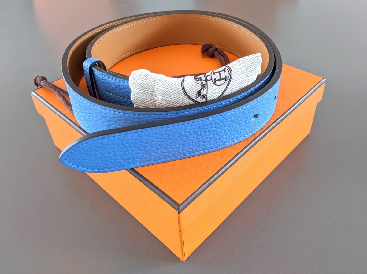 Hermes [152] Unisex Bleu Paradis Taurillon Clemence ETRIVIERE 32 Complete Belt, BNIB! - poupishop