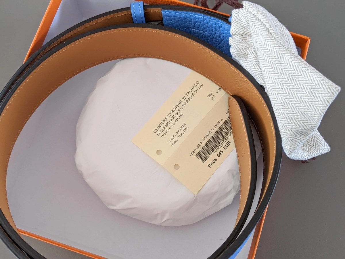 Hermes [152] Unisex Bleu Paradis Taurillon Clemence ETRIVIERE 32 Complete Belt, BNIB! - poupishop