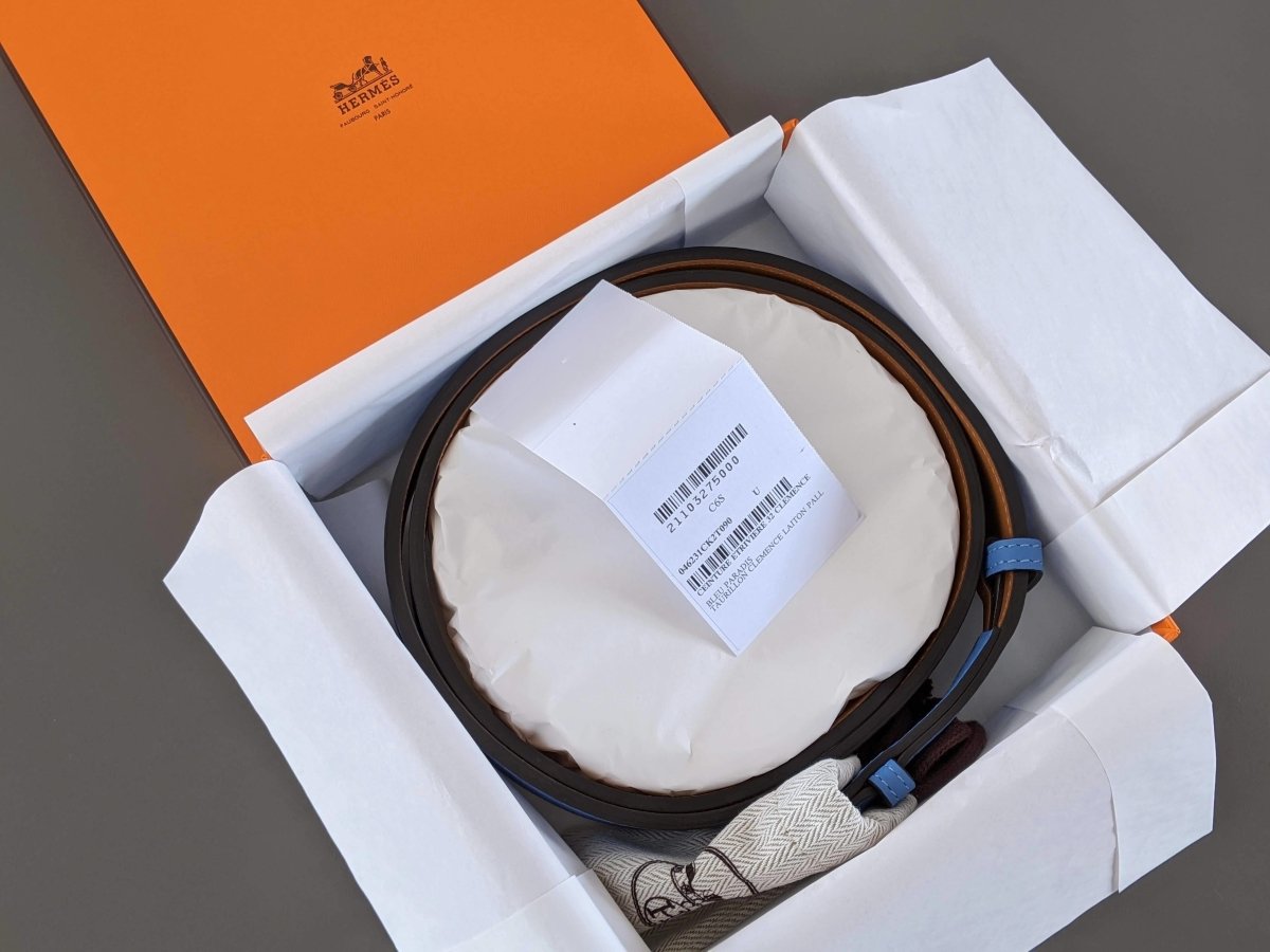 Hermes [152] Unisex Bleu Paradis Taurillon Clemence ETRIVIERE 32 Complete Belt, BNIB! - poupishop