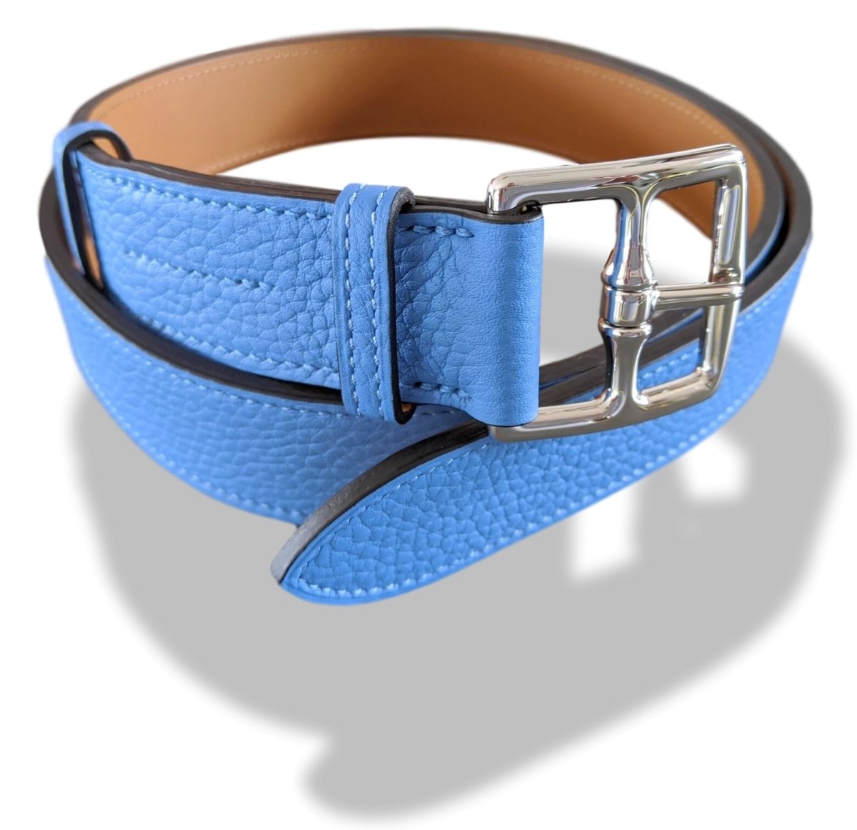 Hermes [152] Unisex Bleu Paradis Taurillon Clemence ETRIVIERE 32 Complete Belt, BNIB! - poupishop
