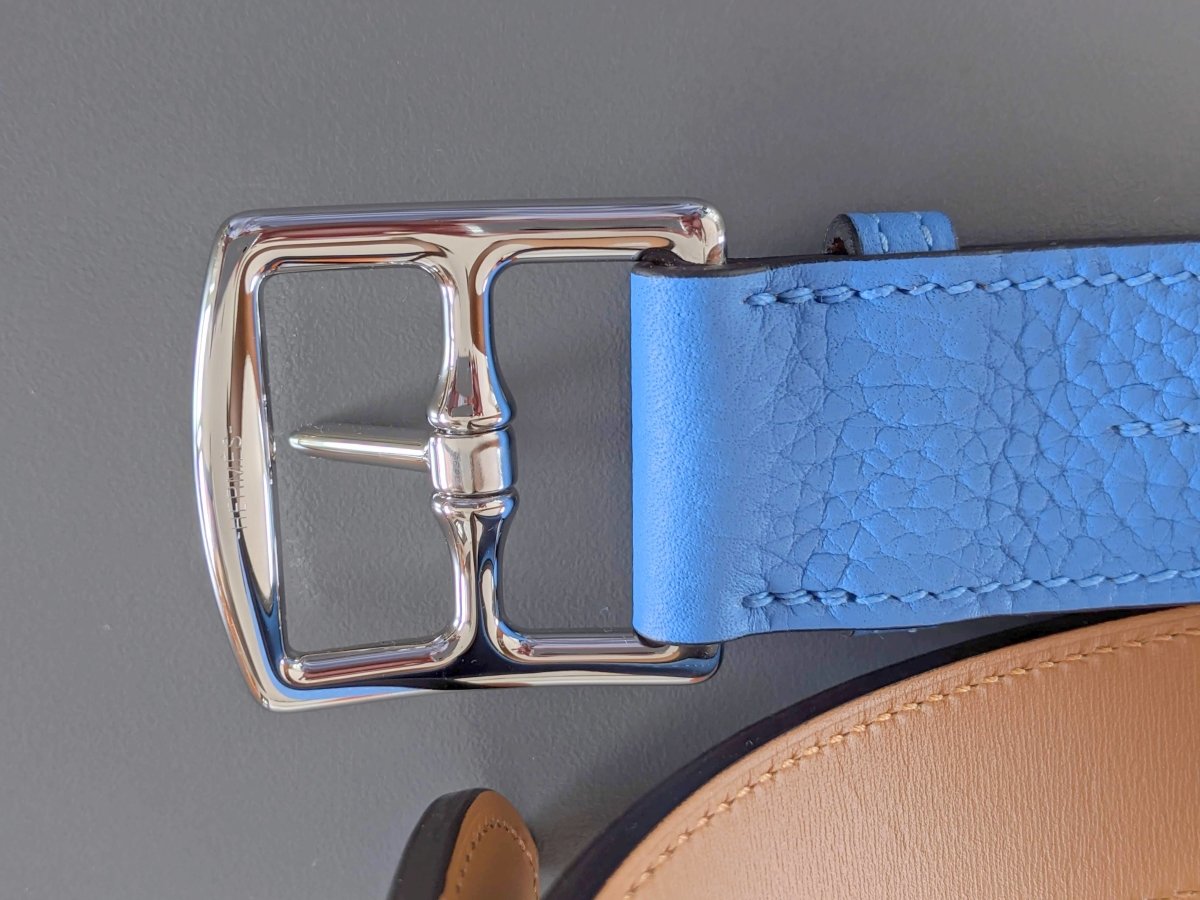 Hermes [152] Unisex Bleu Paradis Taurillon Clemence ETRIVIERE 32 Complete Belt, BNIB! - poupishop